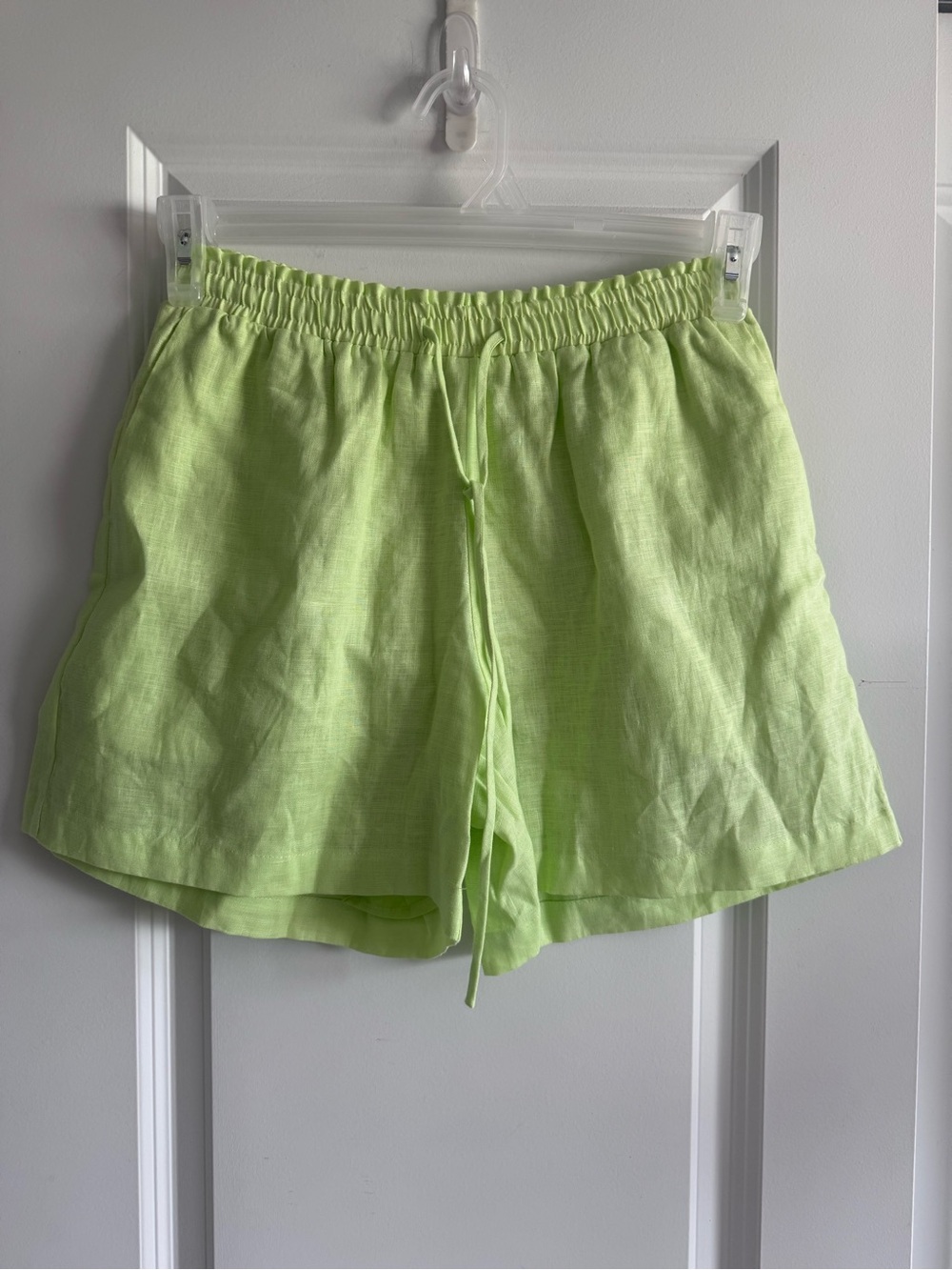 Lucy Paris Lime Green High-Waist lightweight Linen drawstring Shorts